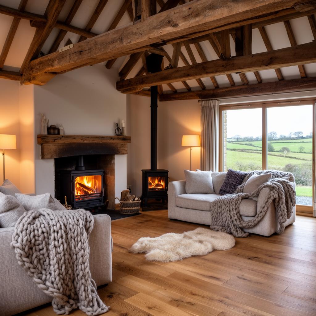 Luxury short-stay living room with marble fireplace